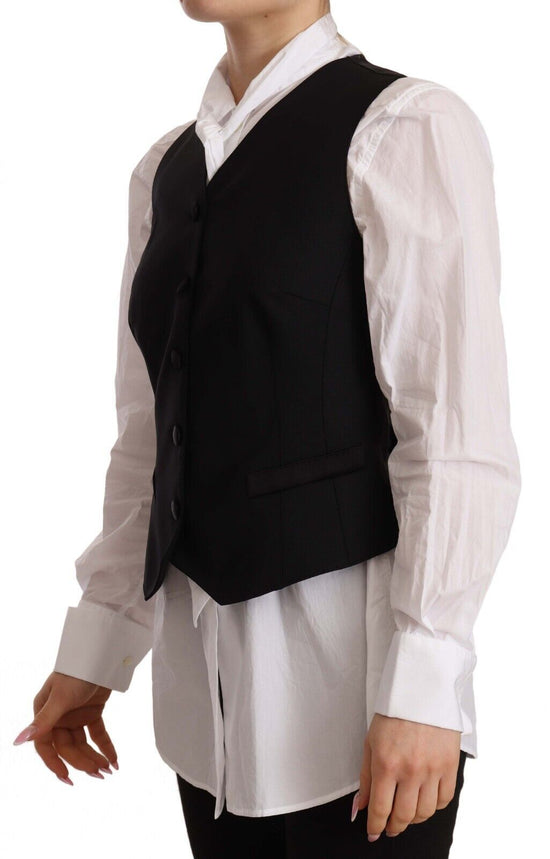 Black Button Down Sleeveless Vest Viscose Top