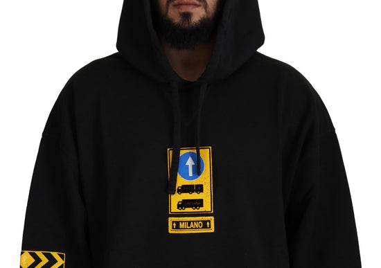 Black Cotton Hooded DG Shield Pullover Sweater
